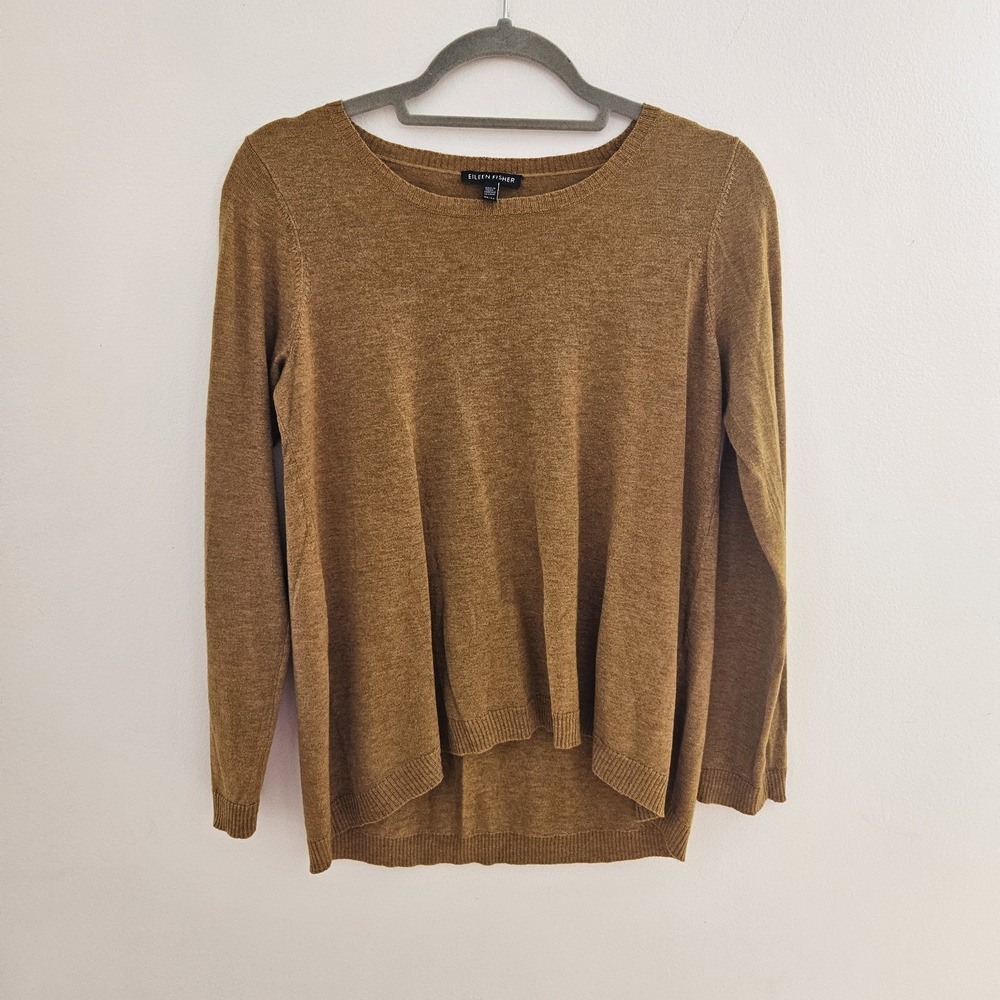 Eileen Fisher Mustard Yellow Ribbed Neck Long Sleeve Top Women XS High Low